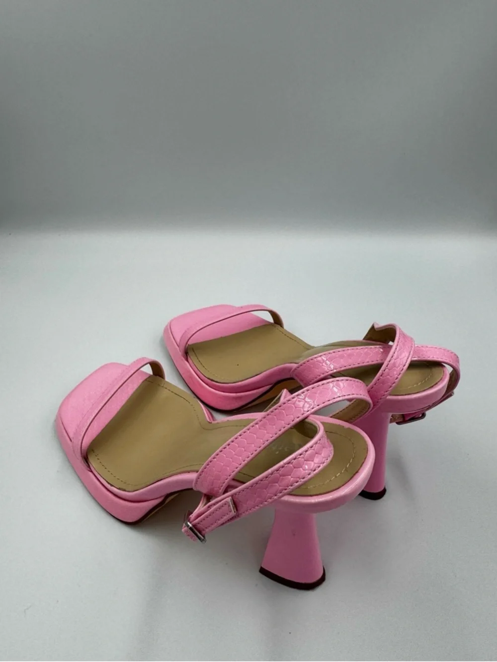 Pink Snakeskin Platform Sandals Square Toe Flare Heel Barbiecore Size 7